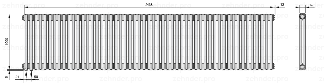 Схема (чертеж) Радиатор Zehnder Charleston 2100/53 №3370 Белый глянцевый RAL 9016